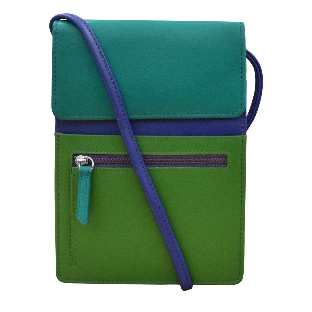 Green and blue crossbody bag on a white background
