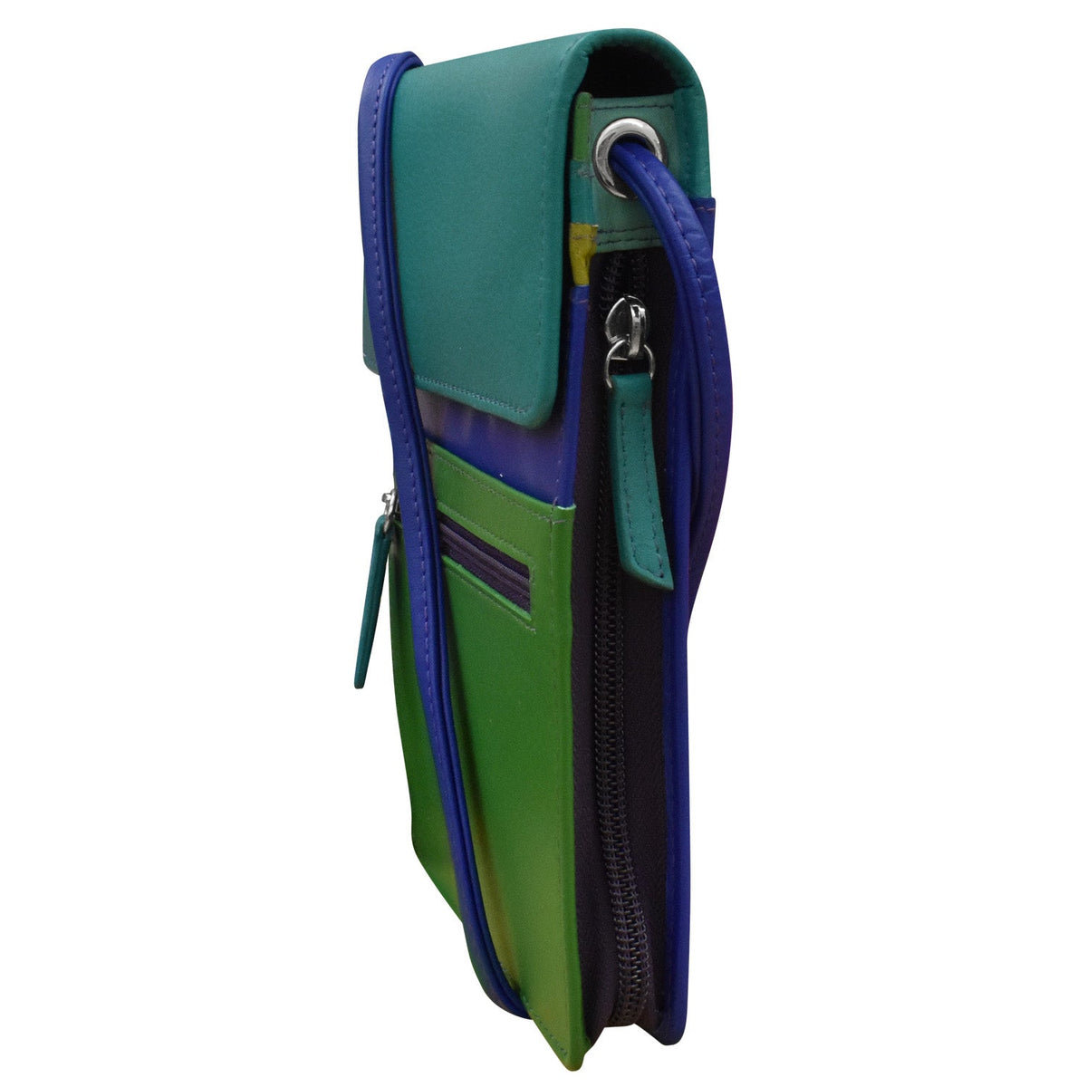 Green and blue leather wallet with a strap on a white background