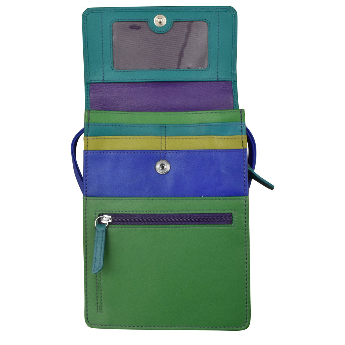 Colorful wallet with green, blue, and purple sections on a white background