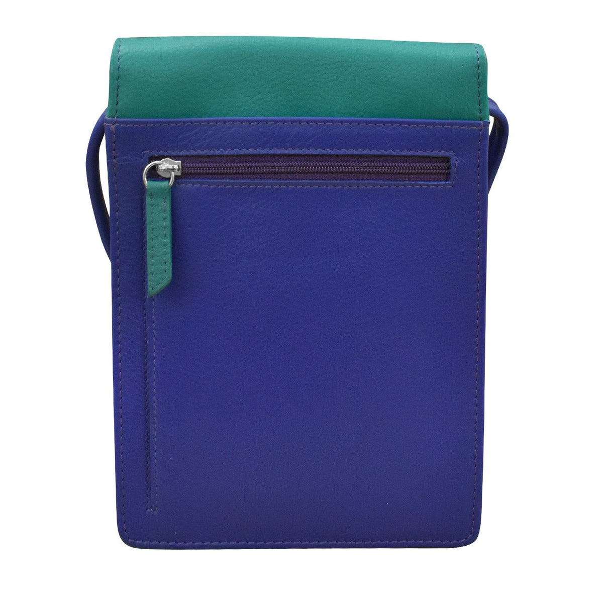 Blue crossbody bag with green top section on a white background