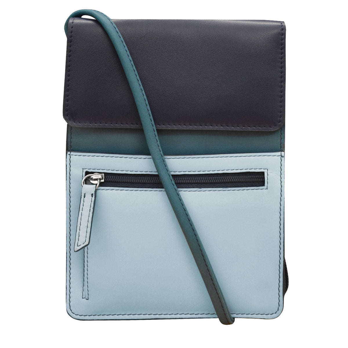 Teal leather wallet on a white 