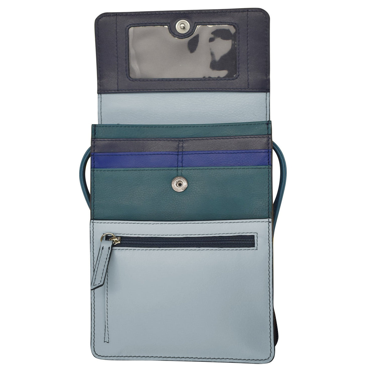 Multicolored wallet with multiple compartments on a white background