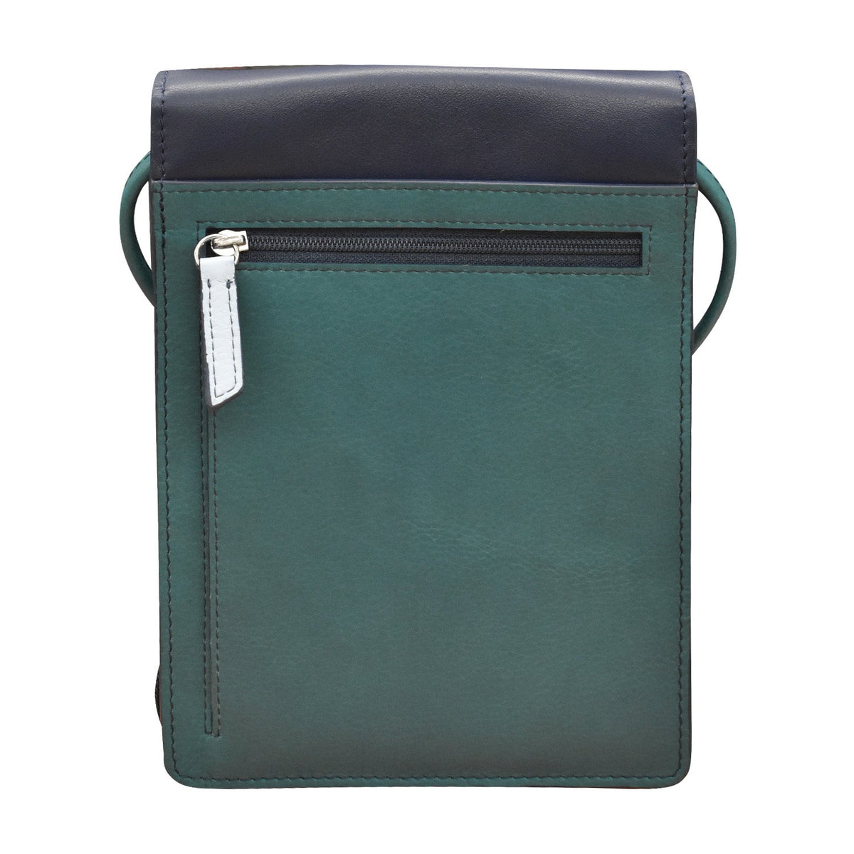 Green leather crossbody bag with a black top section on a white background
