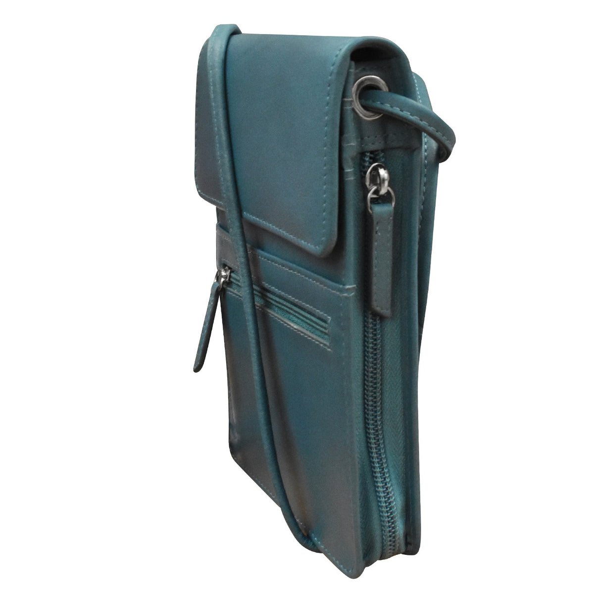 Teal leather wallet with zipper on a white background