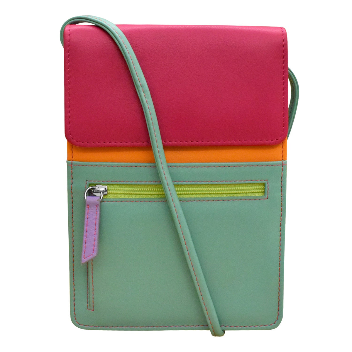 Multicolored crossbody bag with pink top section, orange middle section, and green bottom section on a white background.