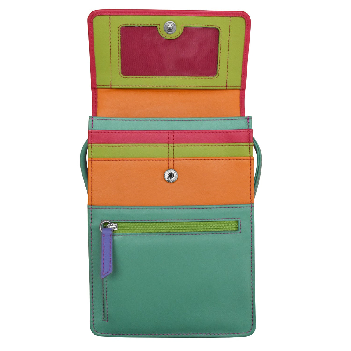 Colorful wallet with multiple compartments on a white background