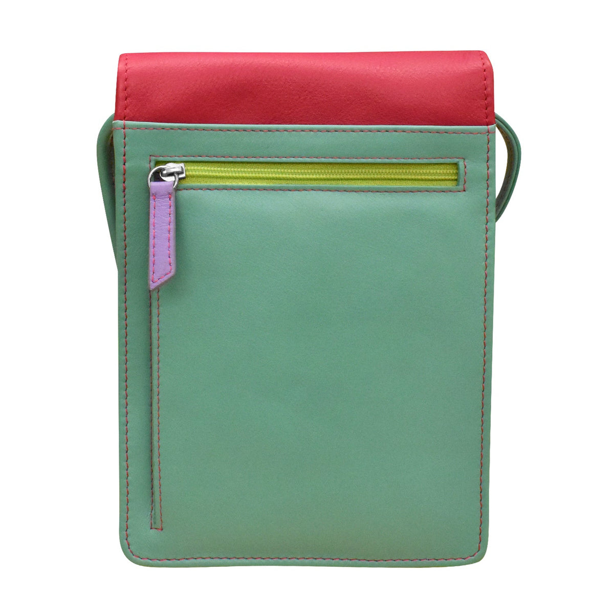 Green crossbody bag with pink top section and purple zipper on a white background