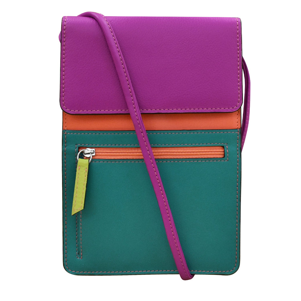 Multicolored crossbody bag with purple top section, orange middle section, and green bottom section on a white background.