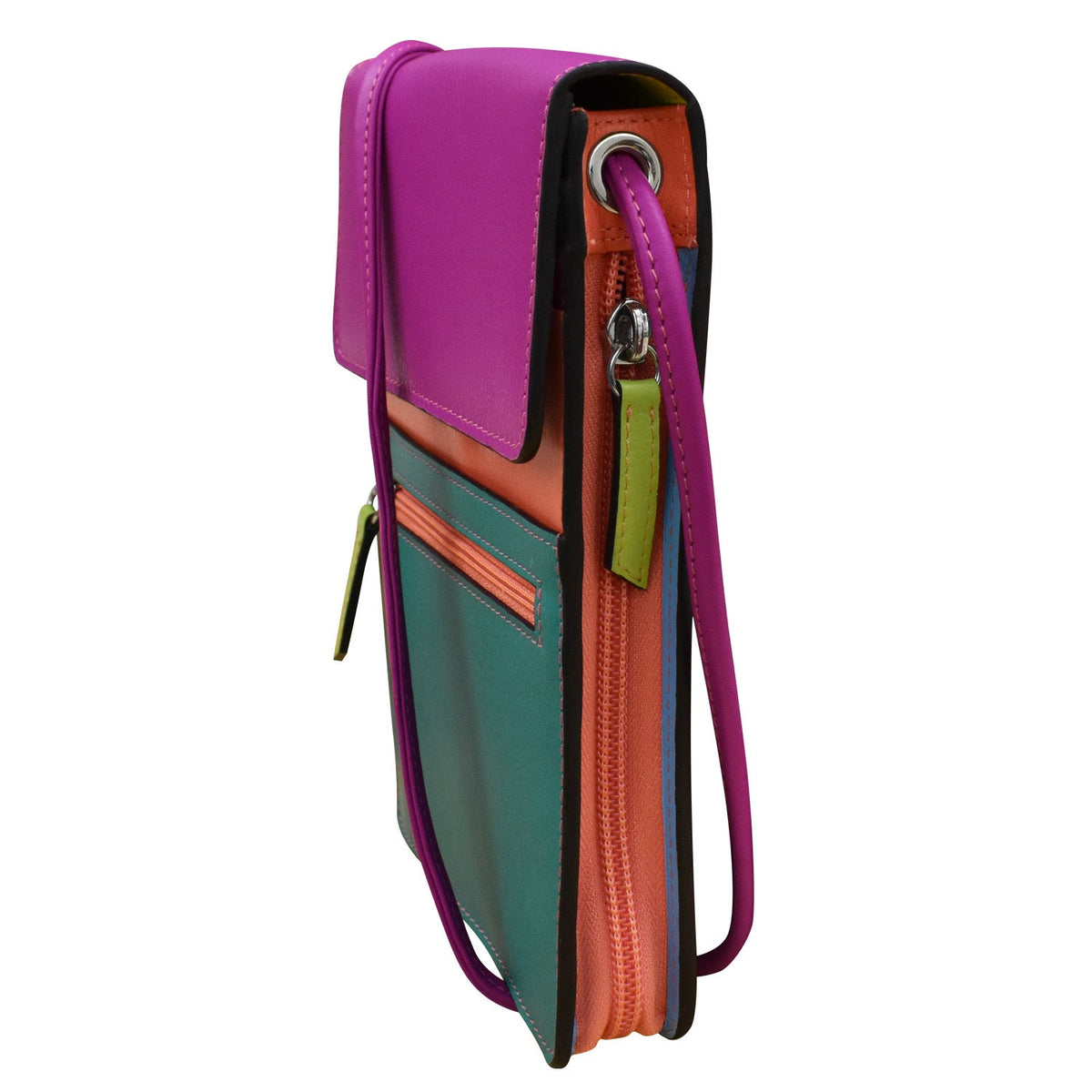 Multicolored zippered pouch with a strap on a white background