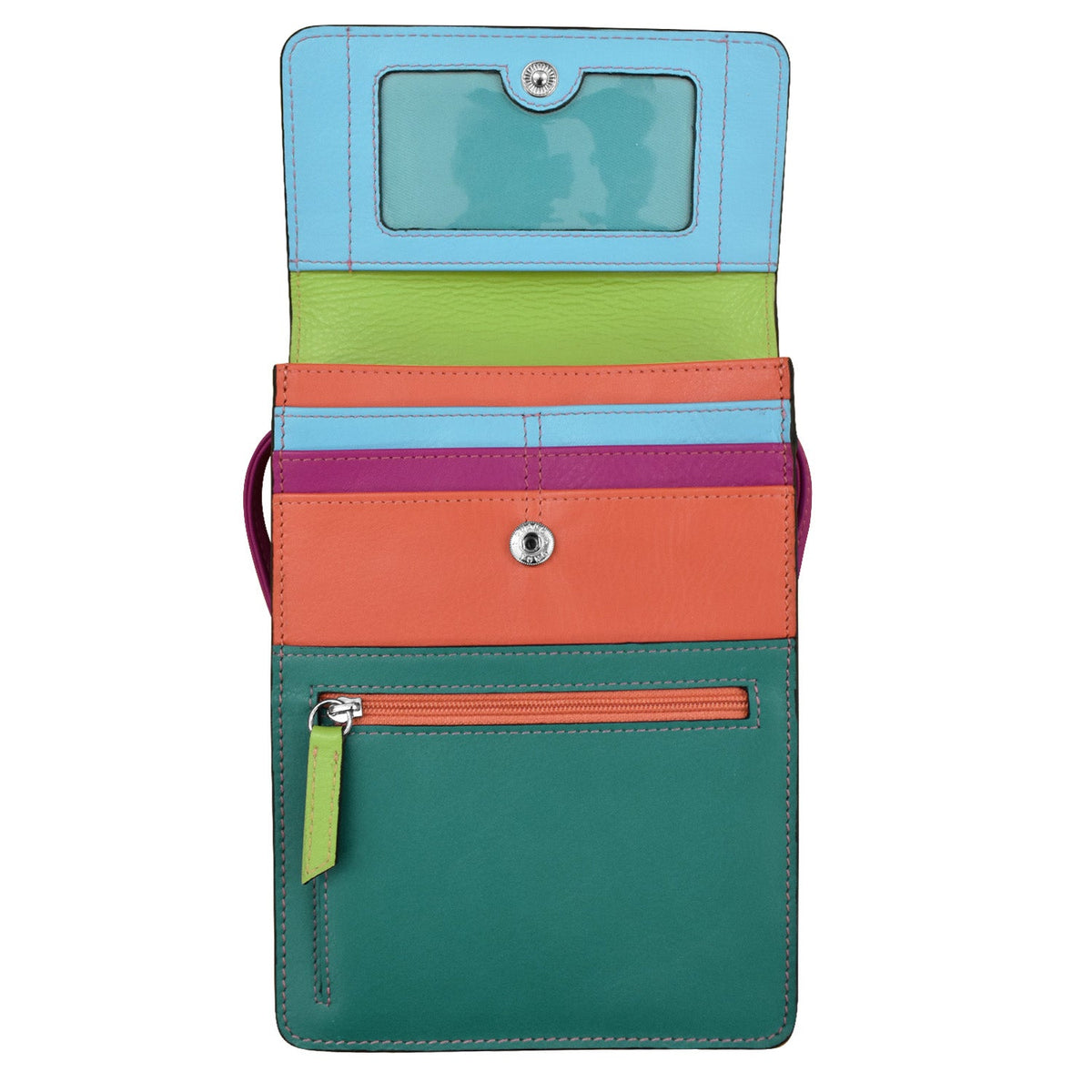 Colorful wallet with multiple compartments on a white background