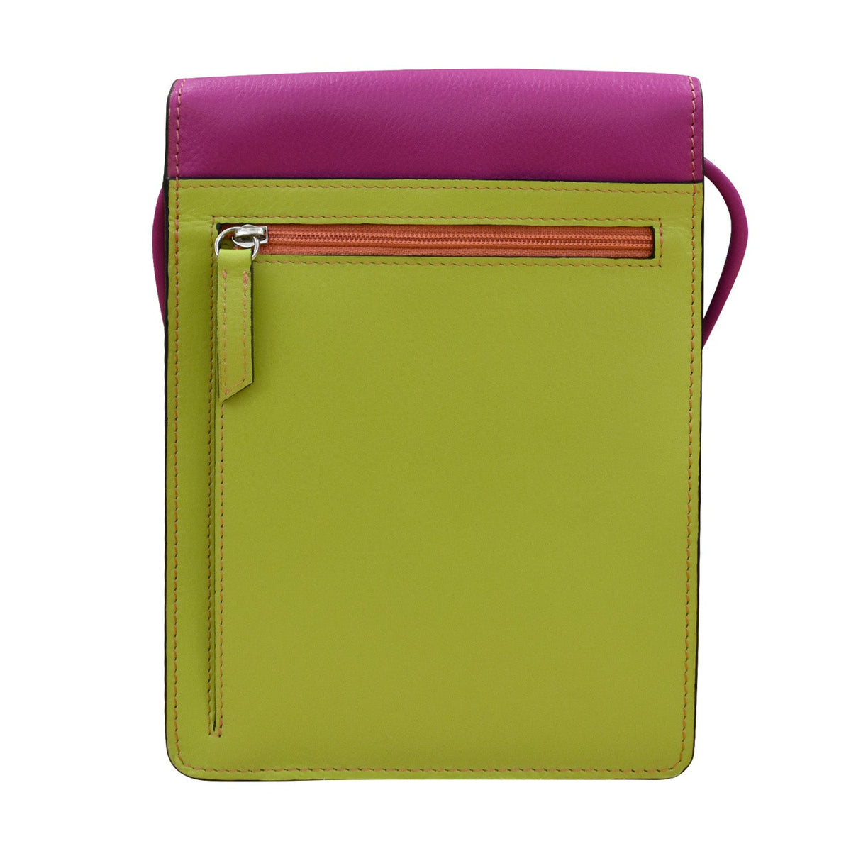 Crossbody bag with purple top section and green bottom section on a white background