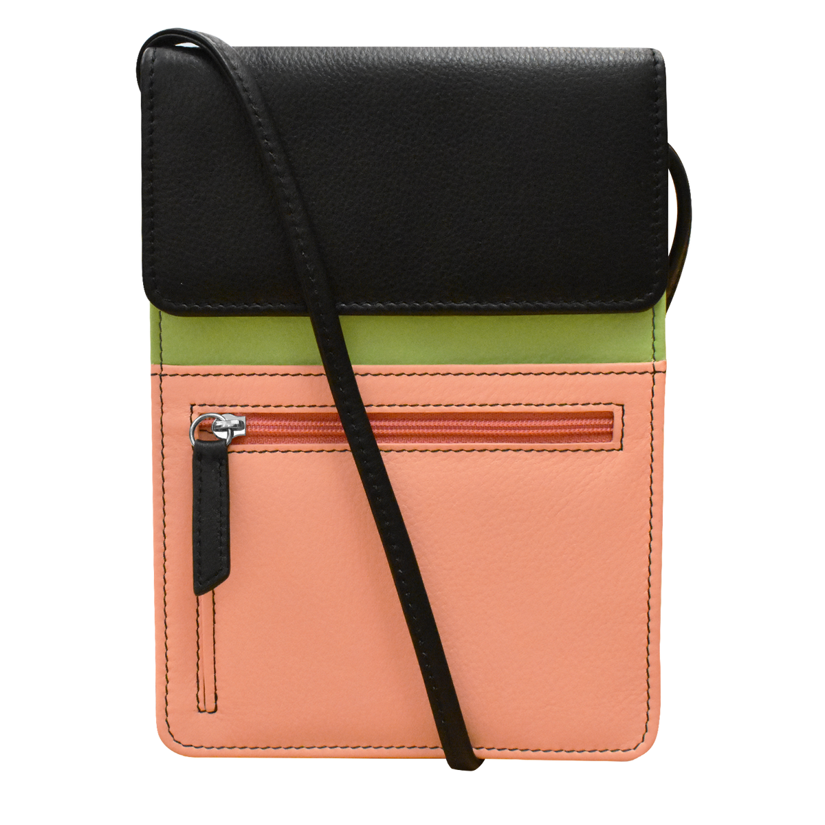 Crossbody bag with black, green, and peach sections on a white background