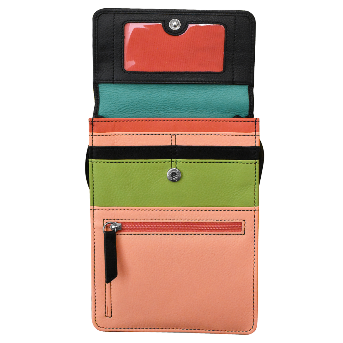 Multicolored wallet with open compartments on a white background