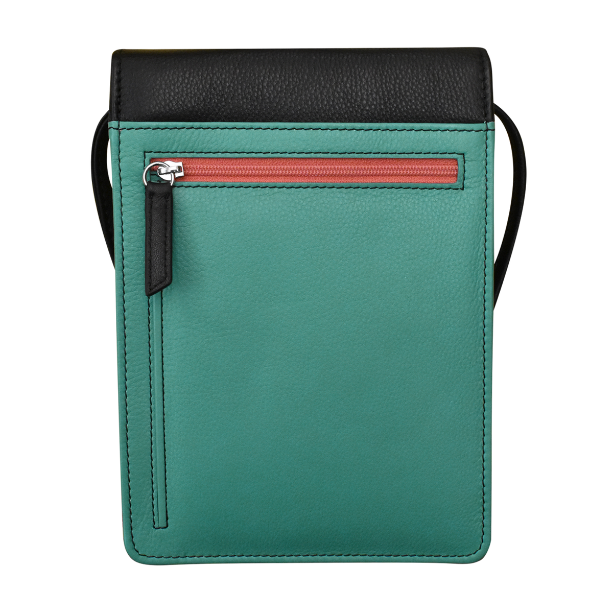 Green leather crossbody bag with black top section and red zipper on a white background