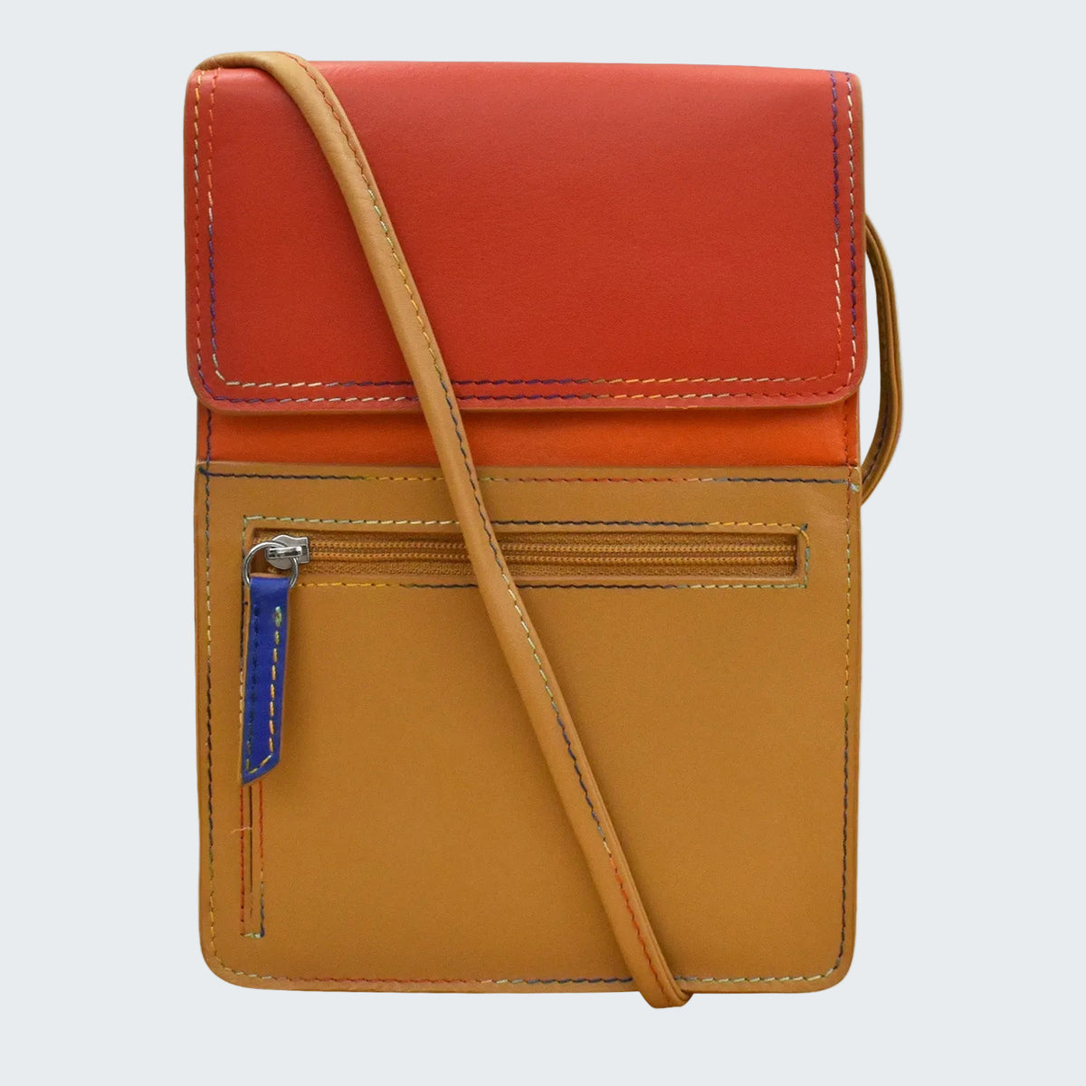 Two-tone red and brown crossbody bag on a white background