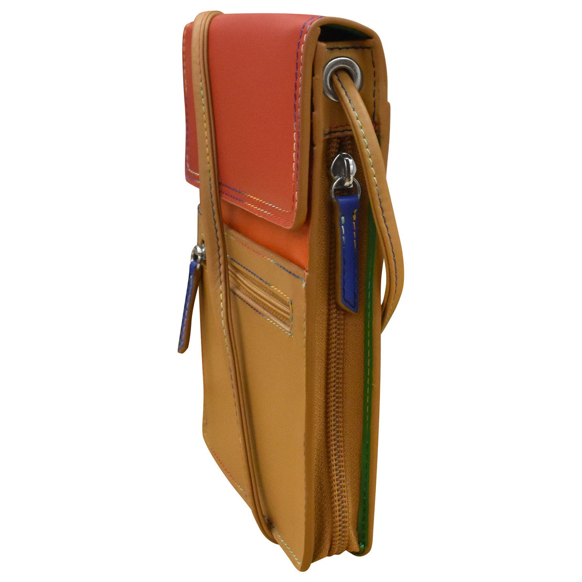 Brown leather crossbody bag with orange top section on a white background