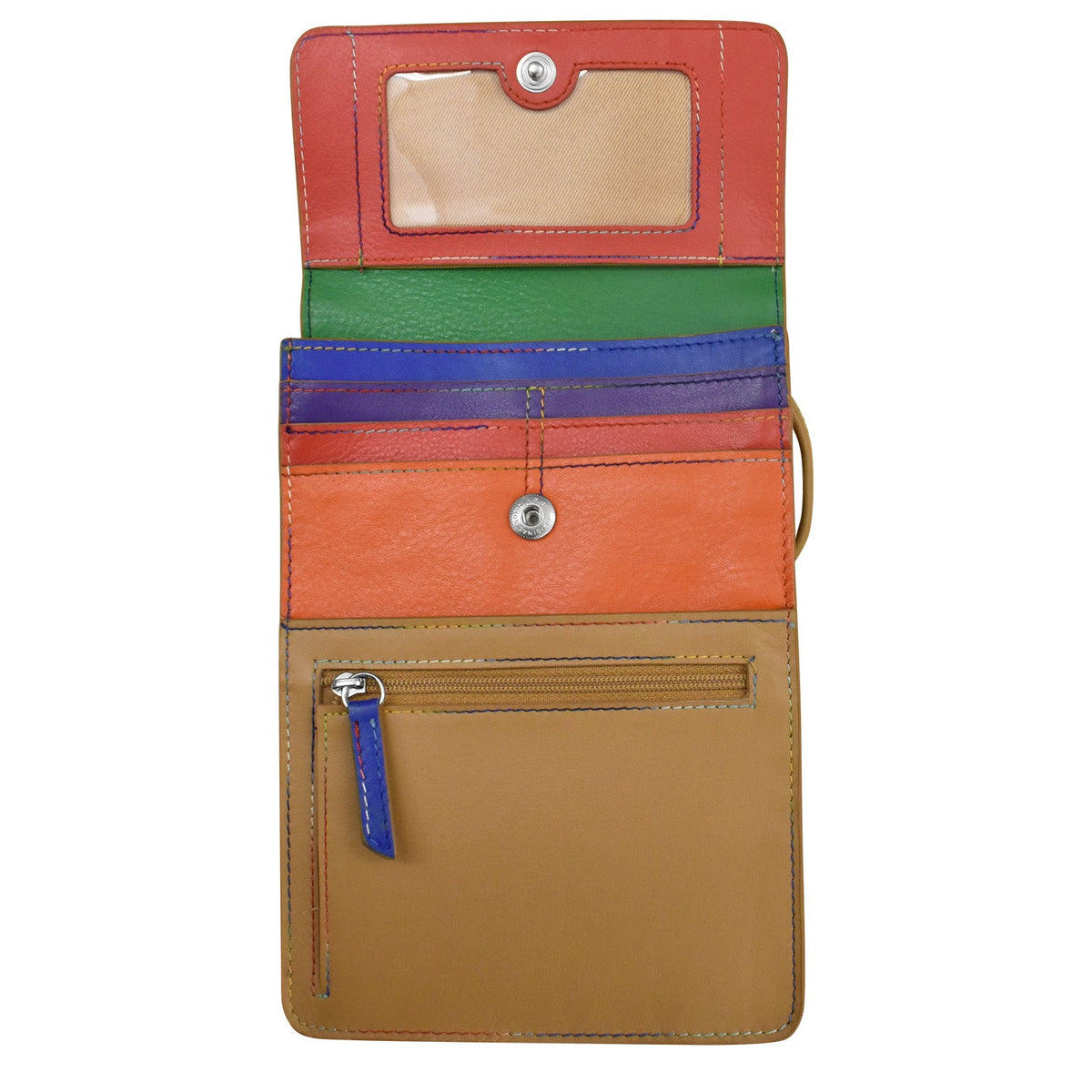 Multicolored wallet with a zipper pocket on a white background