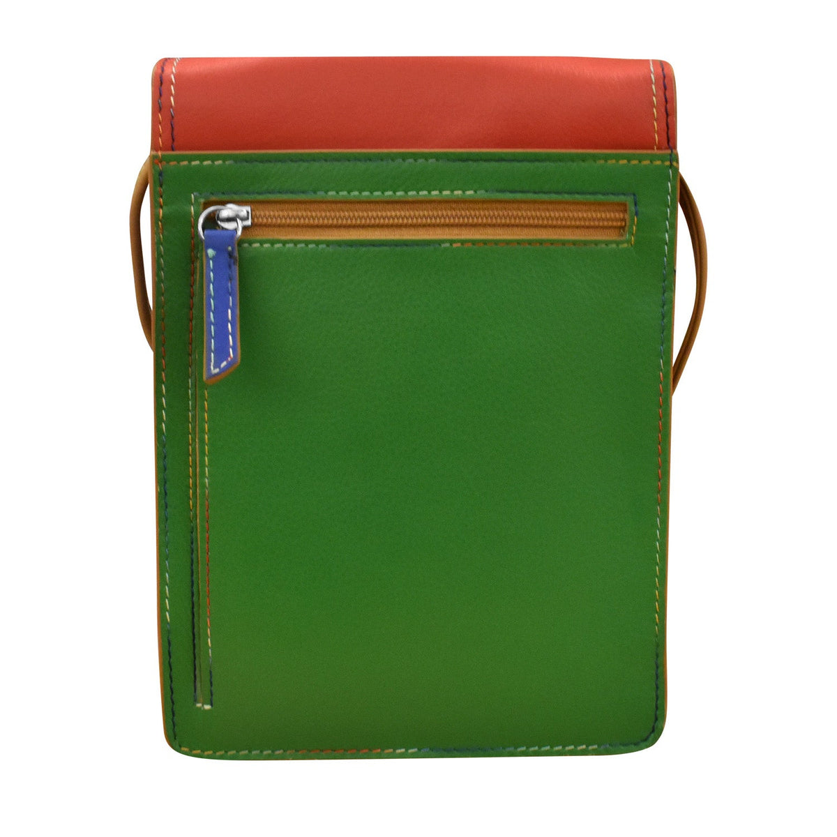 Green leather pouch with red top section and brown zipper on a white background