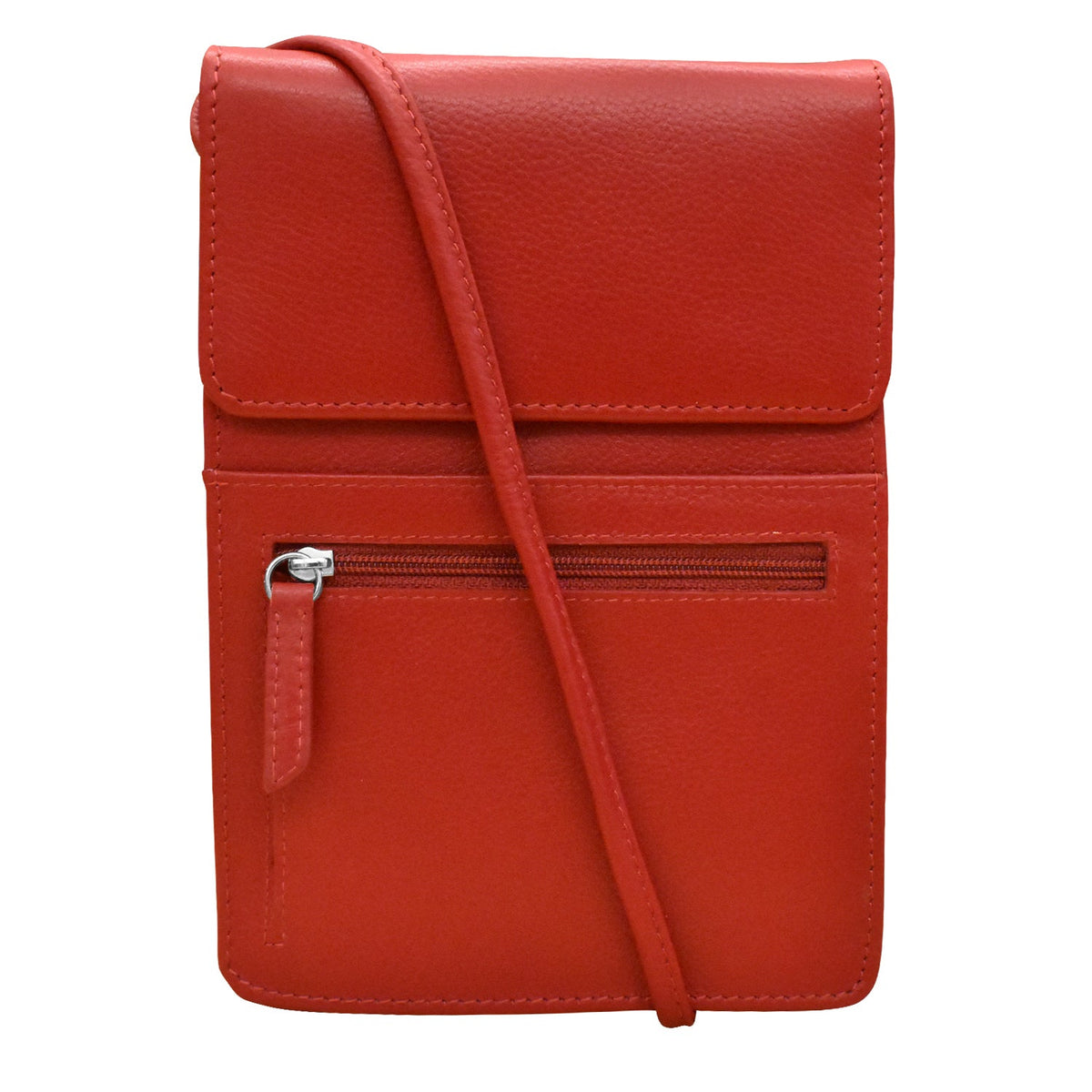 Red leather crossbody bag on a white background