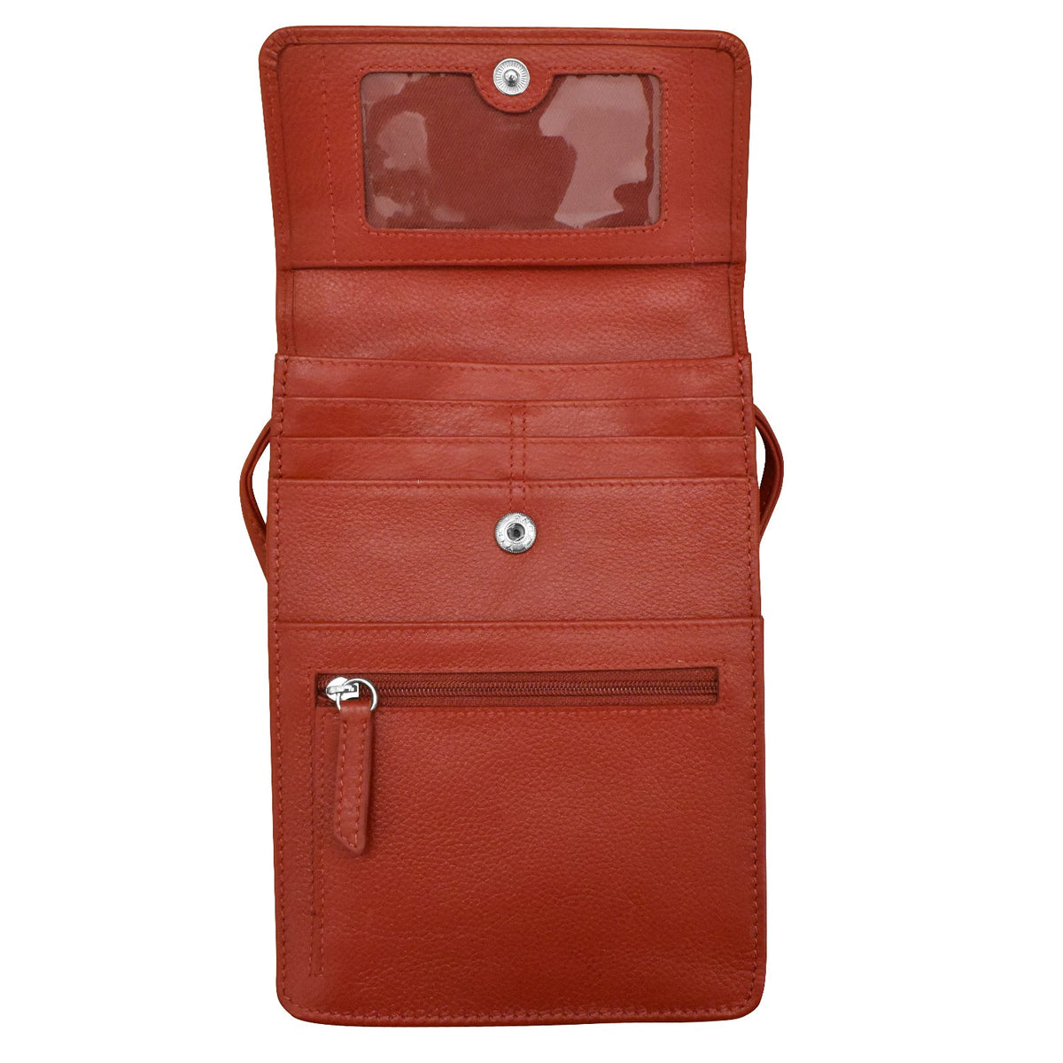 Red leather wallet with multiple compartments on a white background
