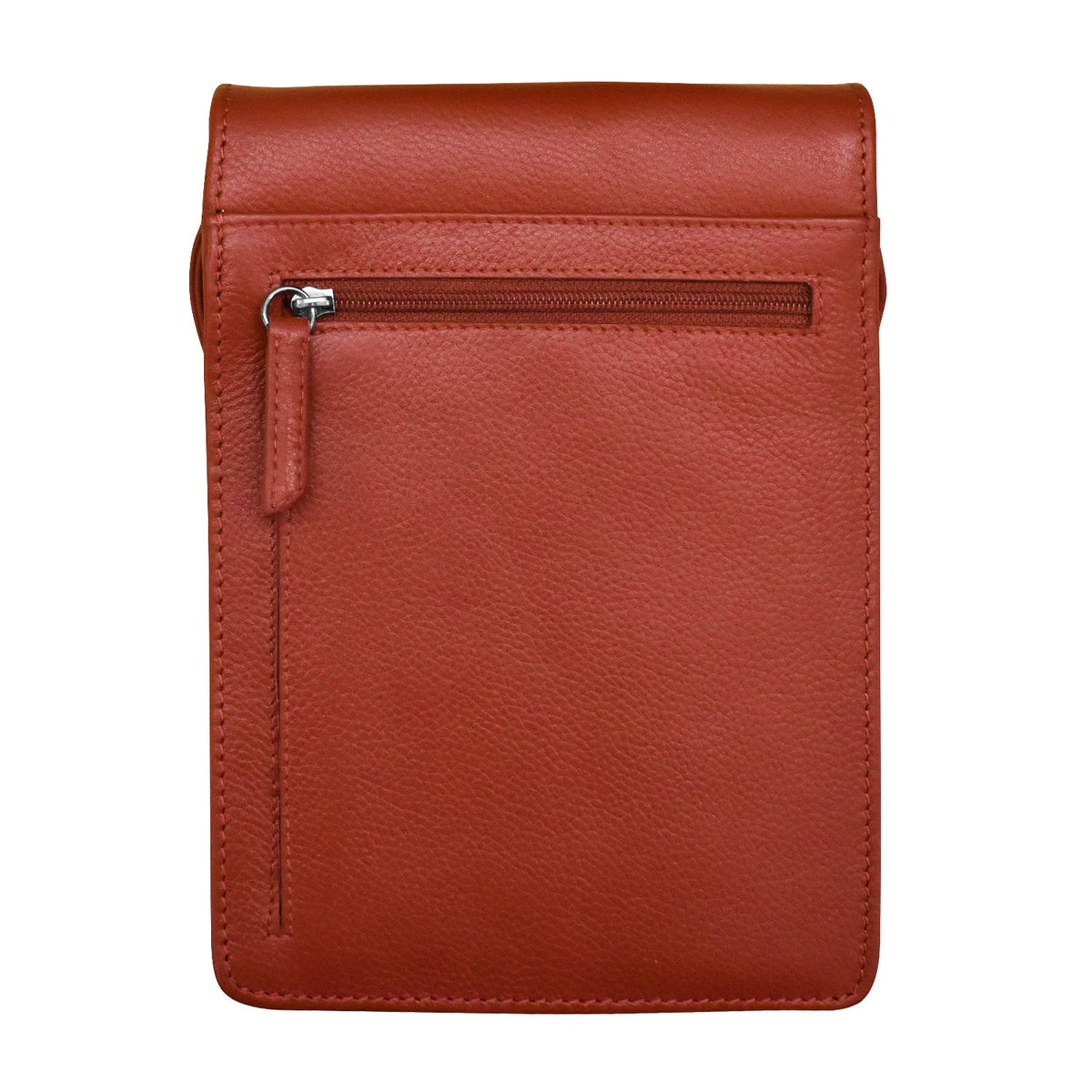 Red leather pouch with a zipper on a white background