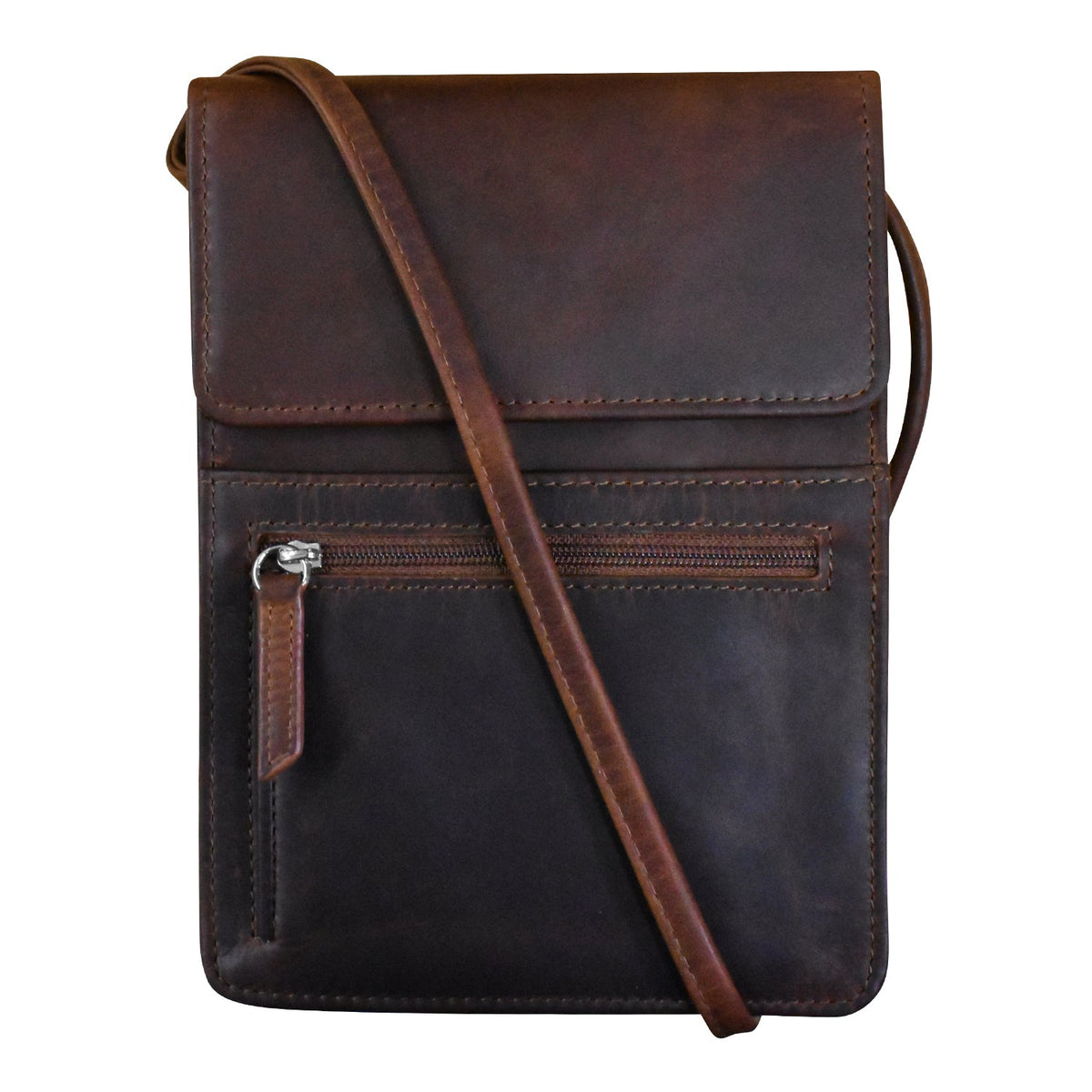 Brown leather crossbody bag on a white background