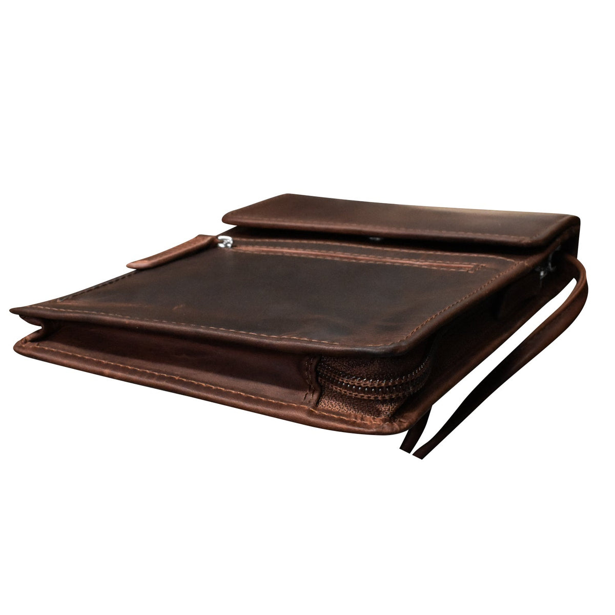 Brown leather pouch with a strap on a white background