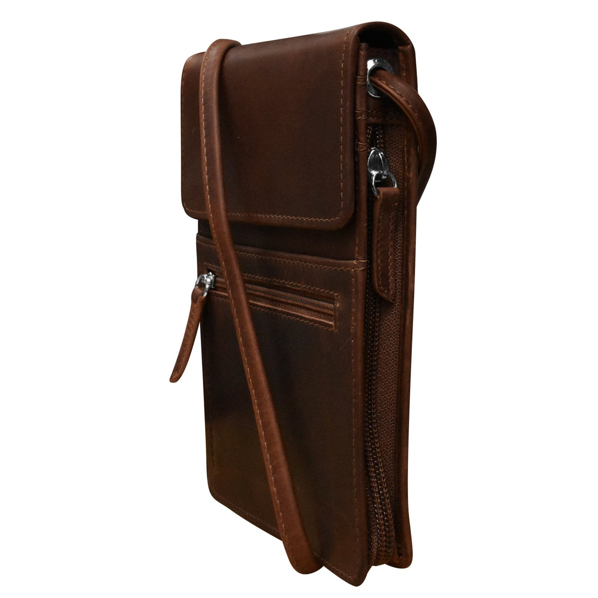 A dark brown leather crossbody phone pouch with a front flap pocket, a zippered compartment, and a detachable shoulder strap, shown on a plain white background.