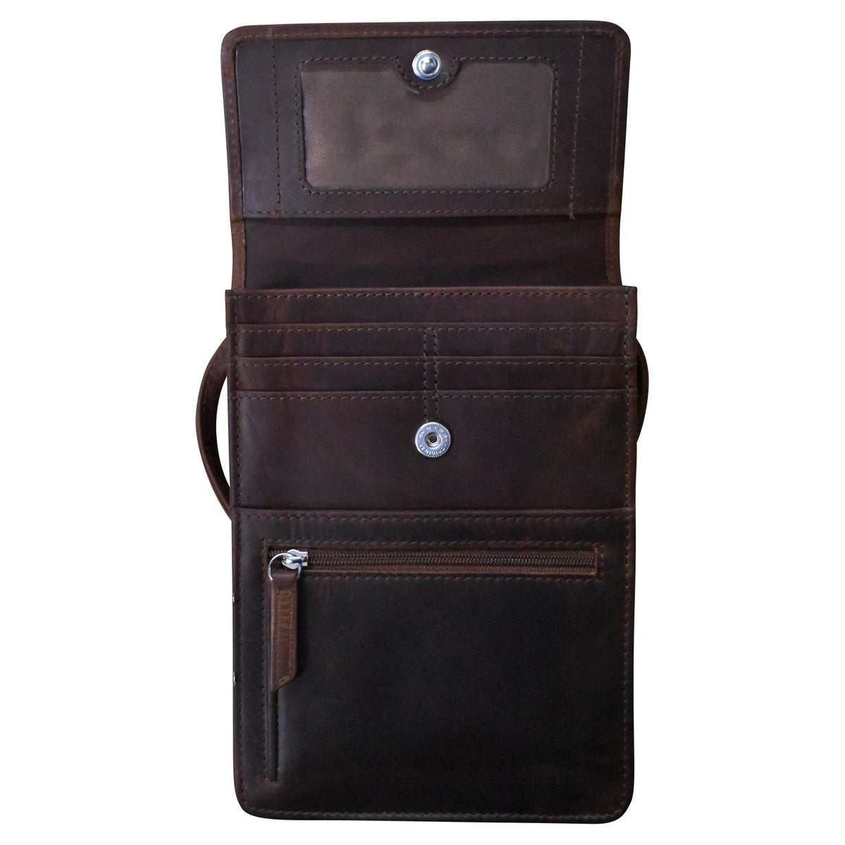 Brown leather wallet with multiple pockets on a white background