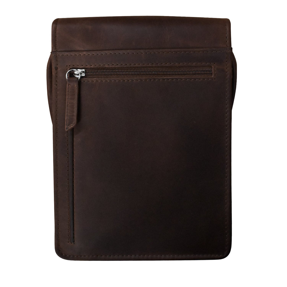 A dark brown leather sleeve or pouch with a front zippered pocket and a vertical zipper pull, shown flat against a plain white background.