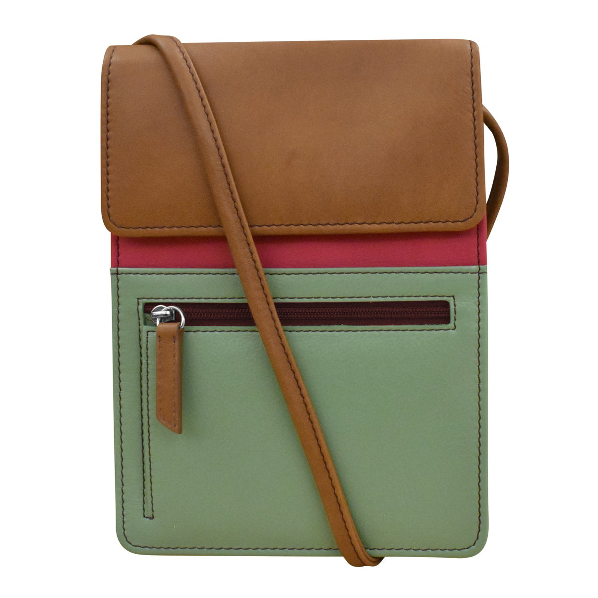 Crossbody bag with brown top flap and green bottom section on a white background