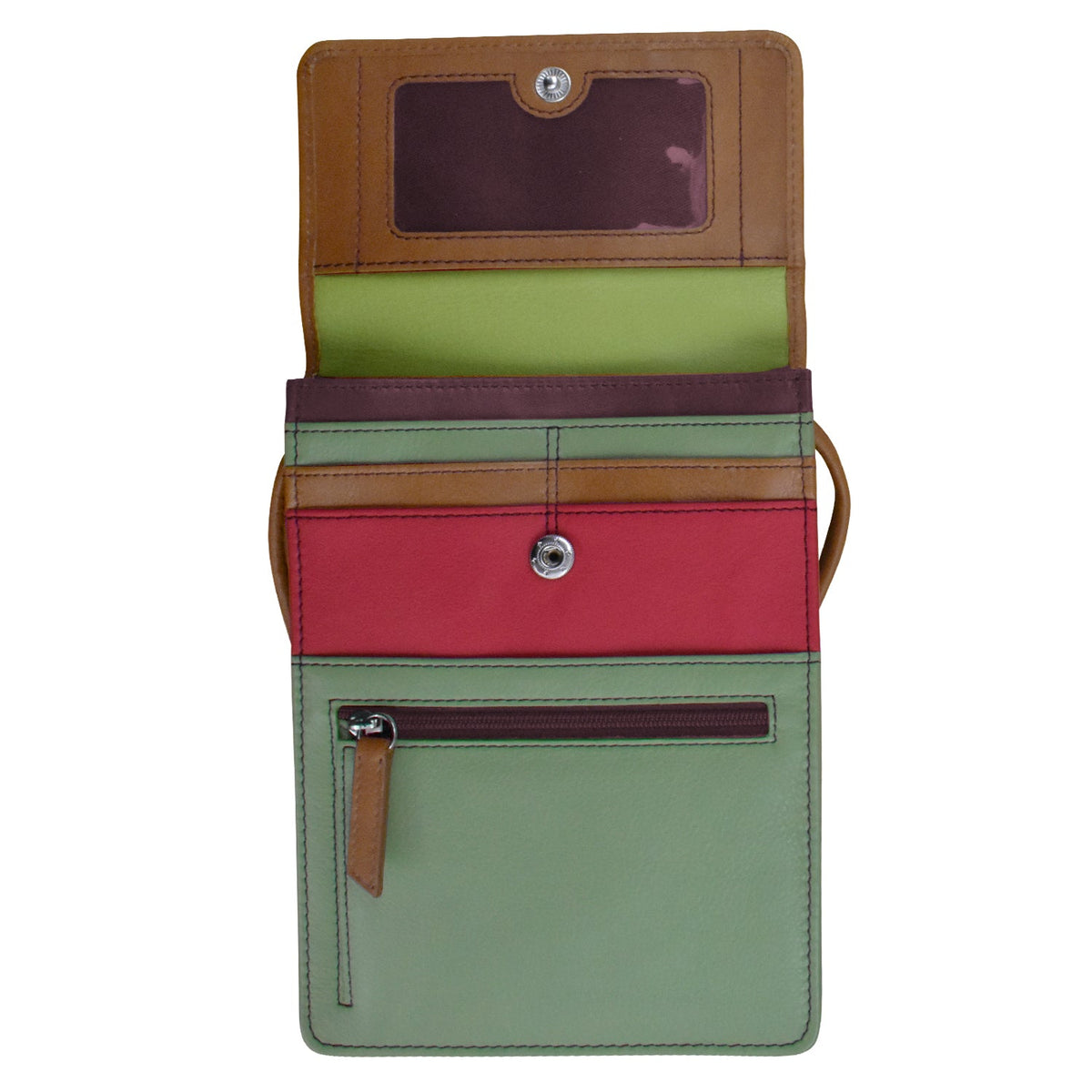 Multicolored wallet with brown, green, and red sections on a white background