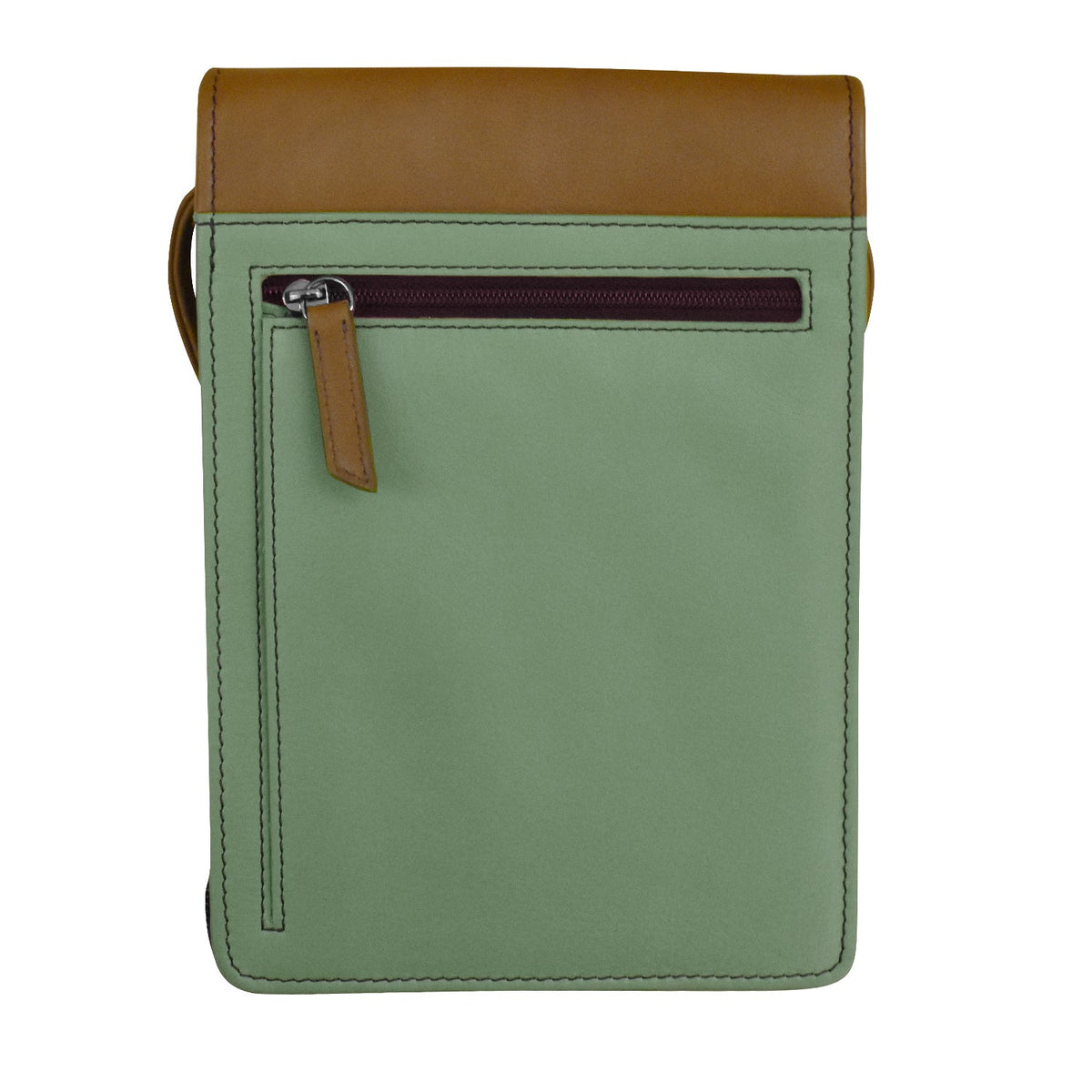 Green leather pouch with brown accents on a white background