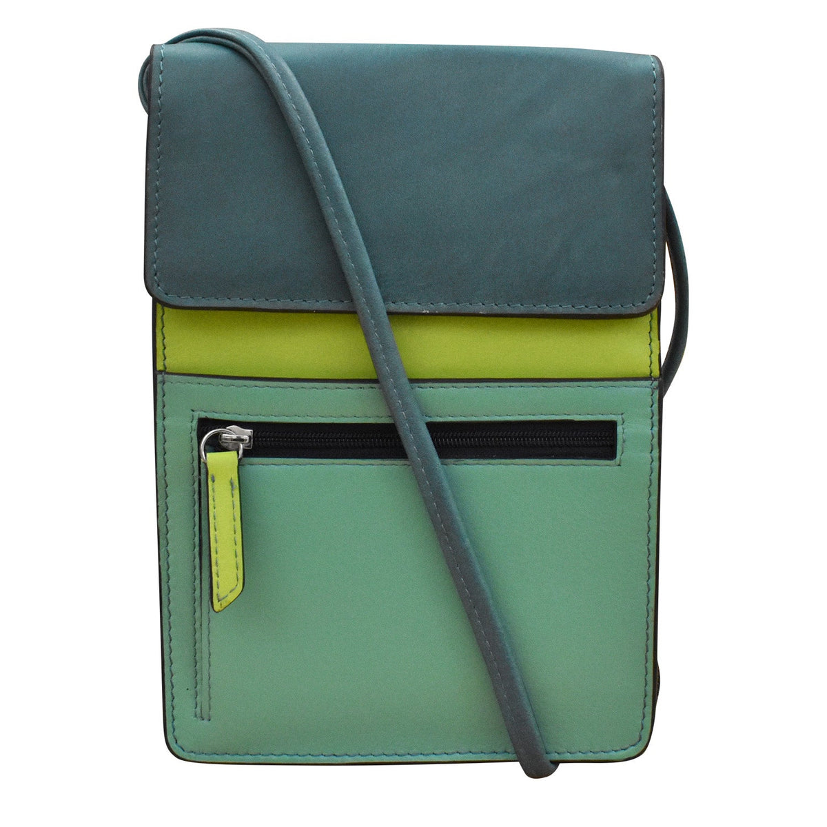 Two-tone green and gray crossbody bag on a white background