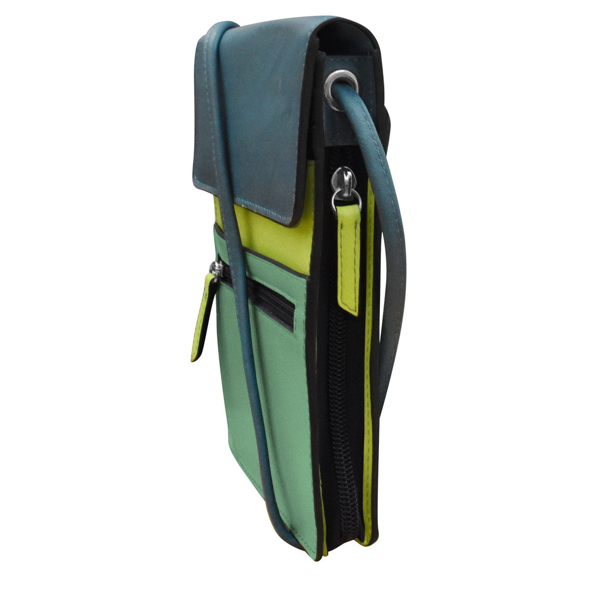 Green and blue bag with a strap on a white background