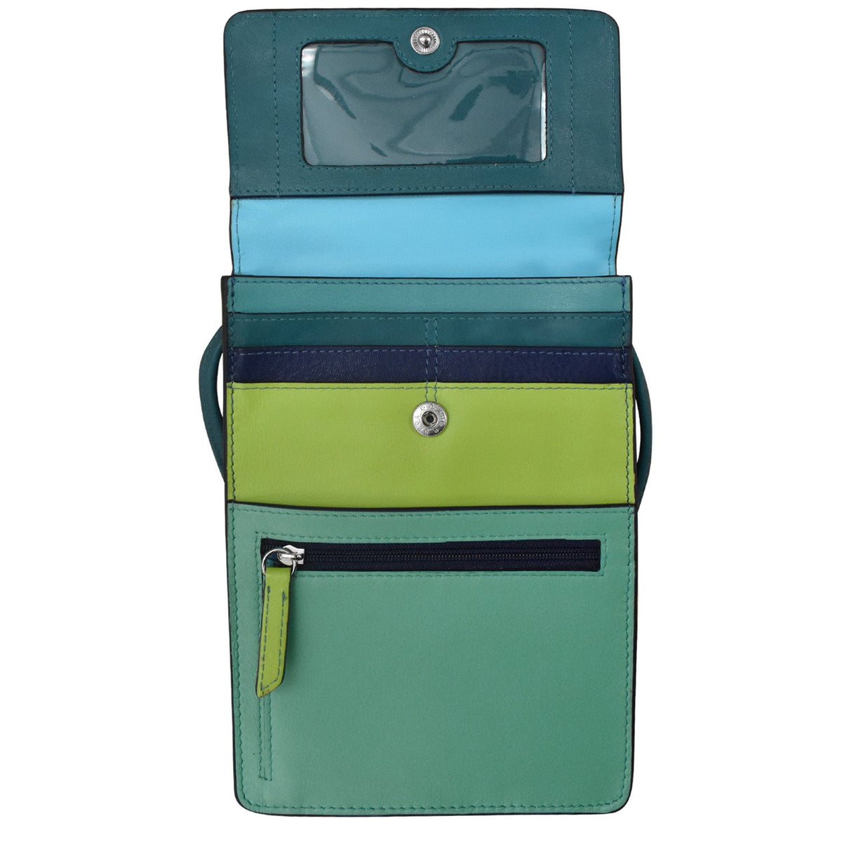 Multicolored wallet with a zipper pocket on a white background