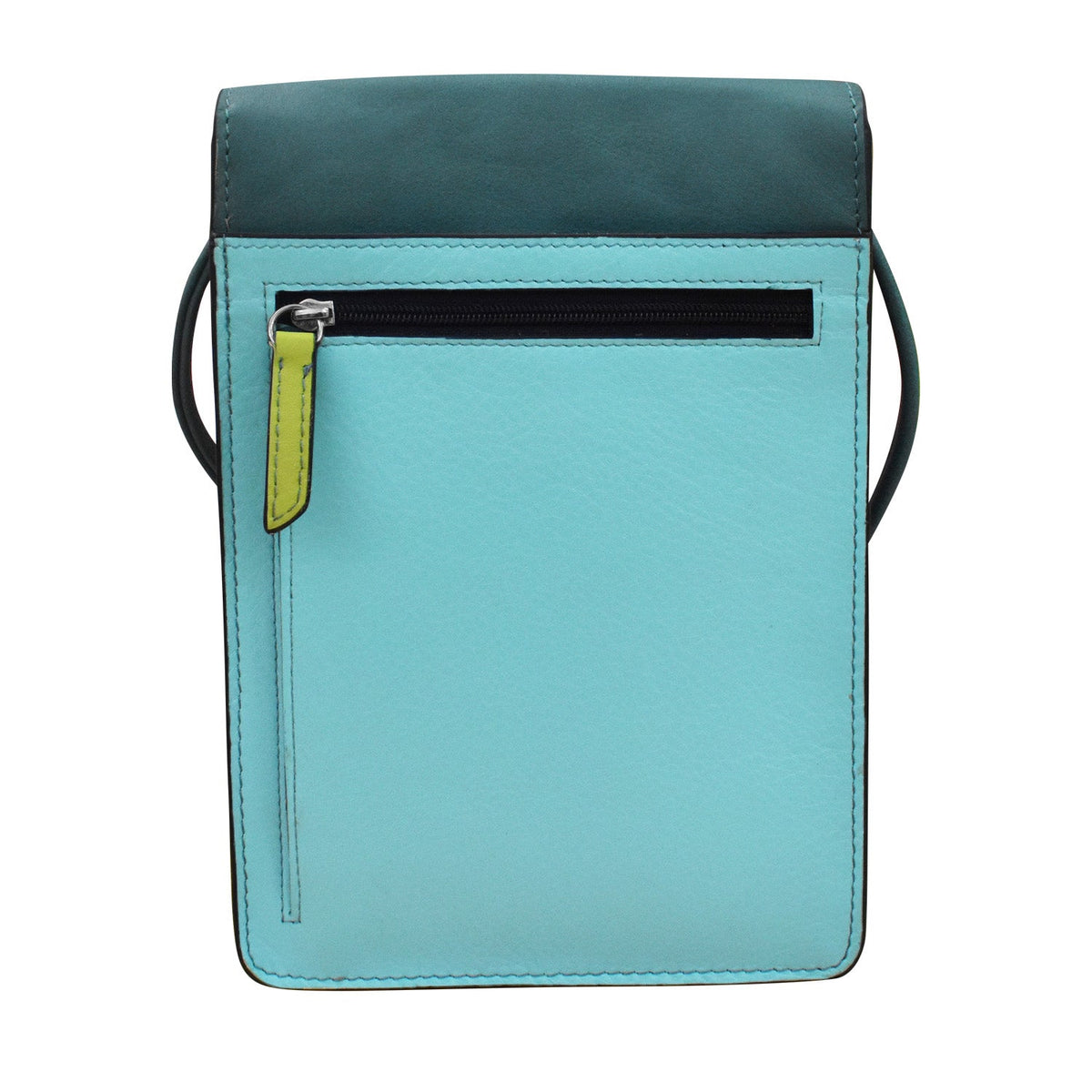 Teal crossbody bag with a black zipper on a white background