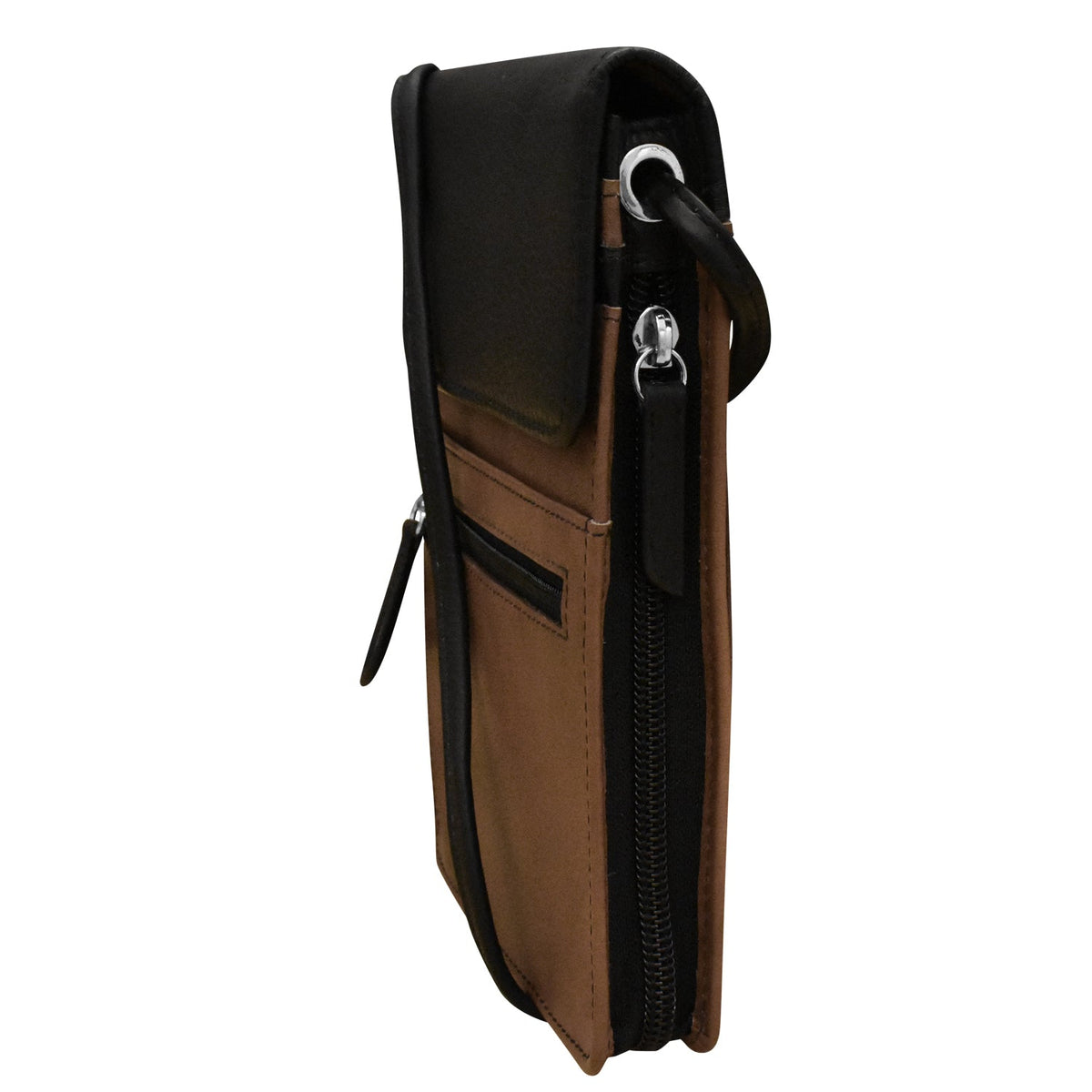 Brown leather pouch with black accents on a white background