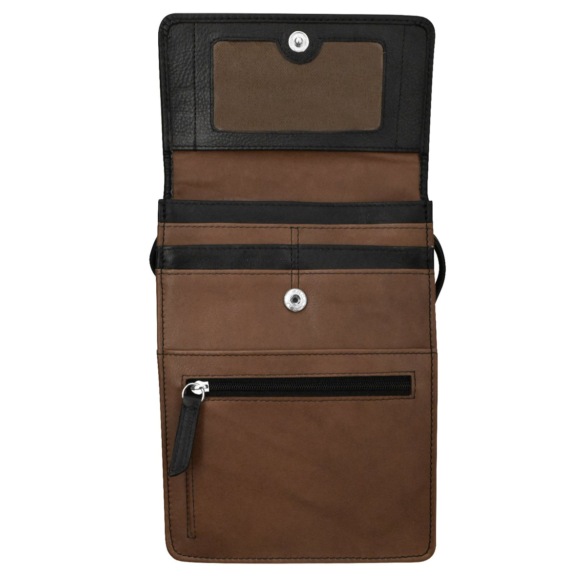 Brown leather wallet with black accents on a white background