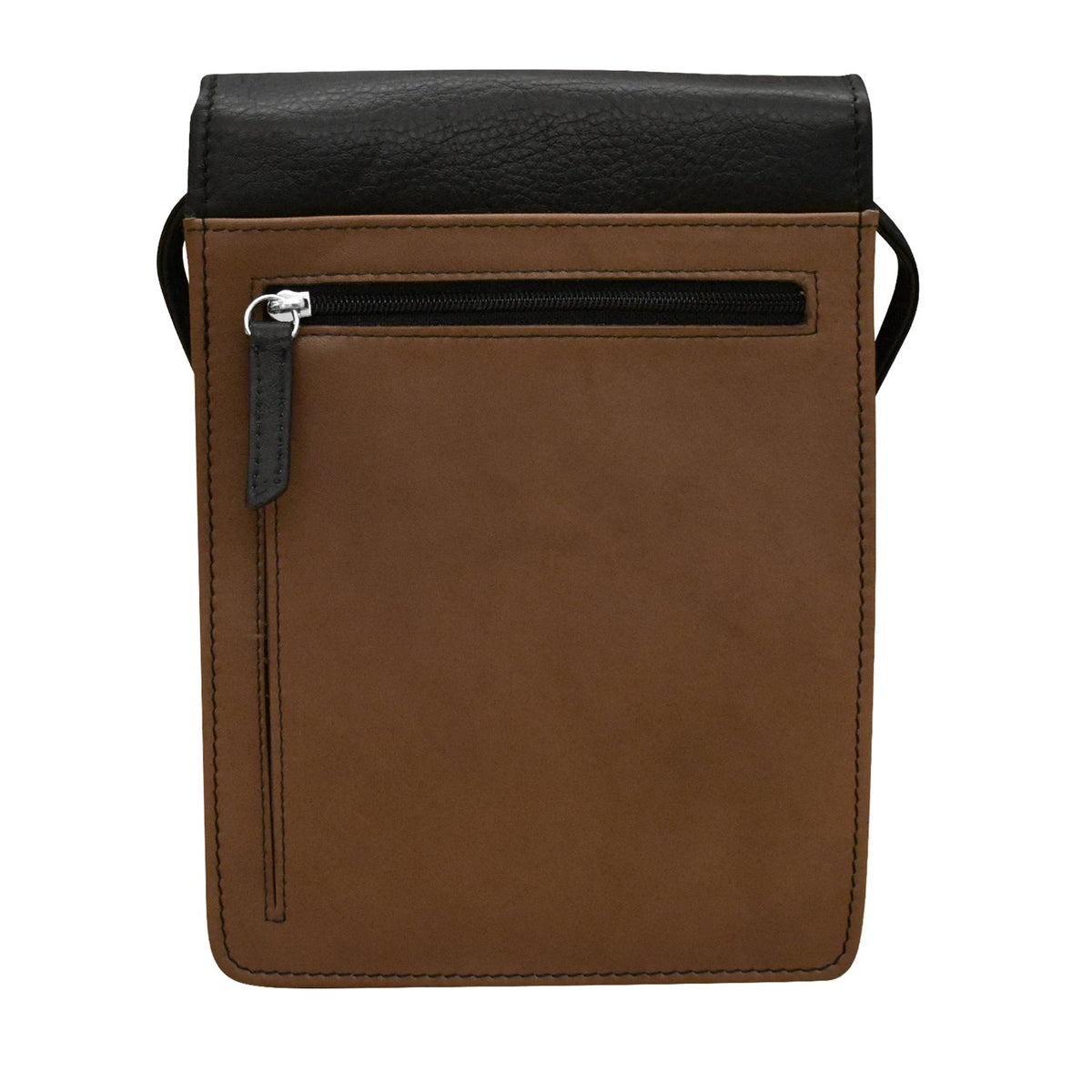 Brown leather crossbody bag with black top section on a white background