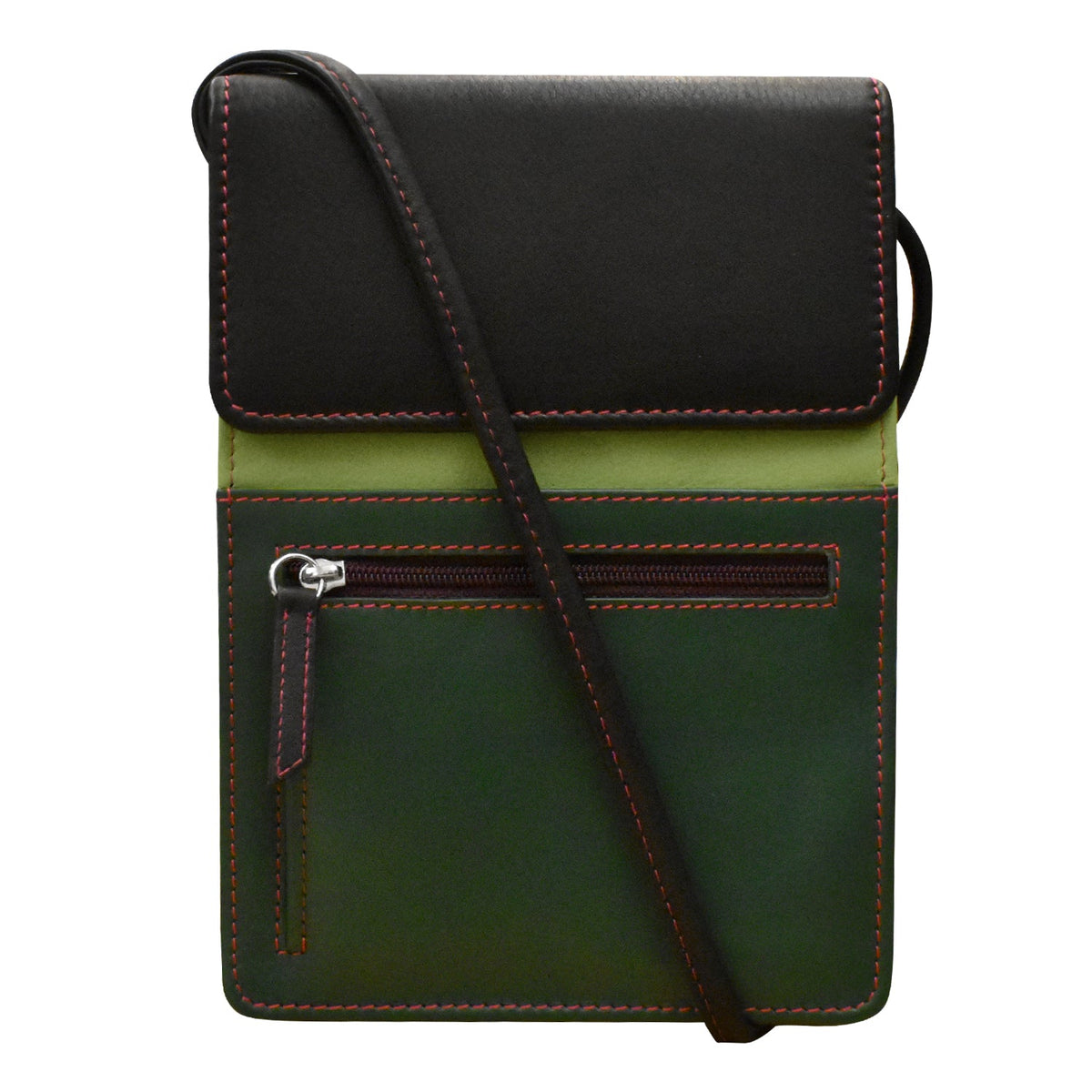 Green and black crossbody bag on a white background