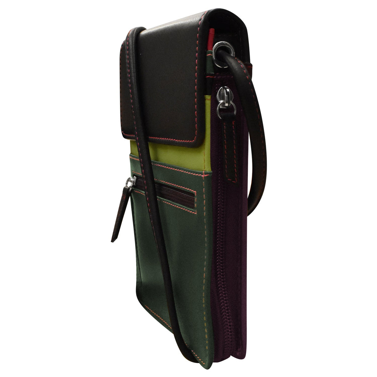 Green leather crossbody bag with black accents on a white background