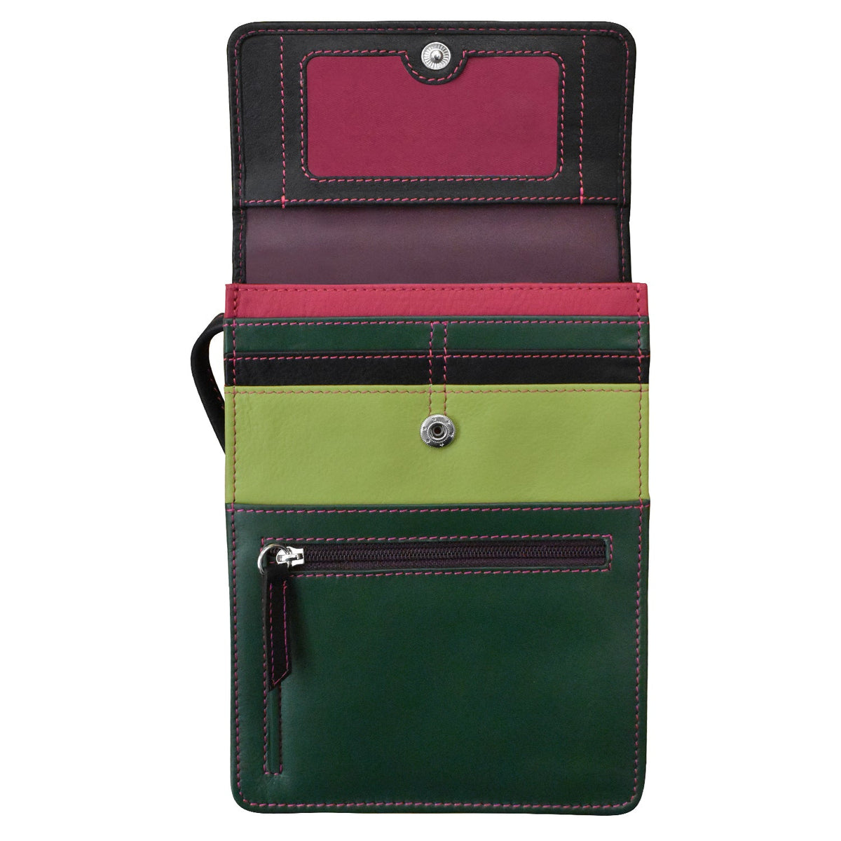 Multicolored leather wallet with a zipper pocket on a white background