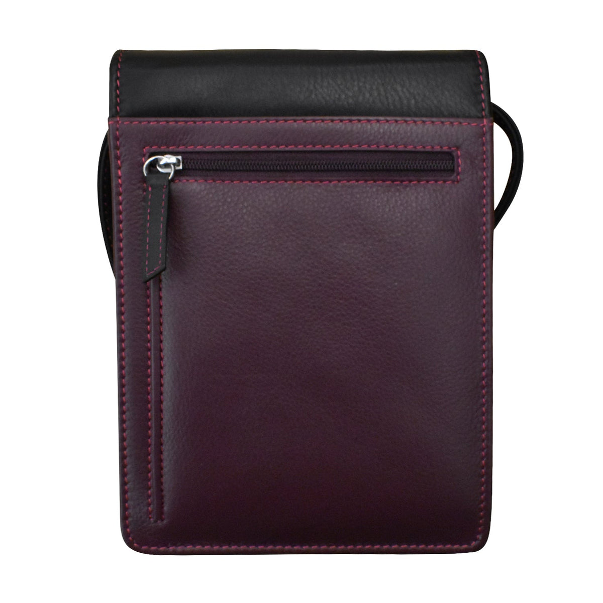 Purple leather crossbody bag with black top section on a white background