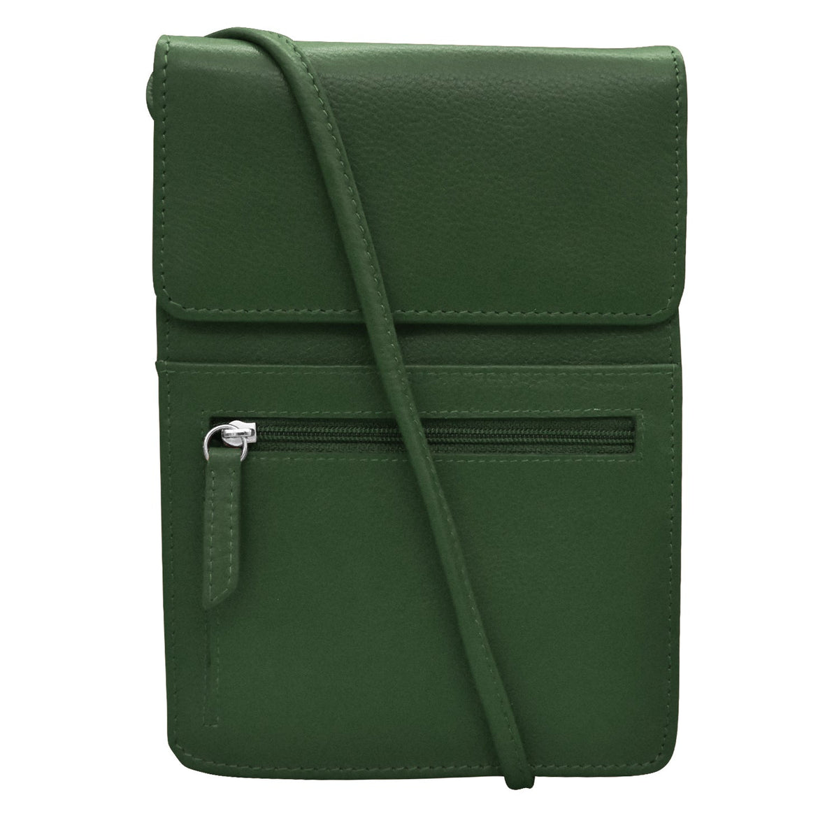 Green leather crossbody bag on a white background