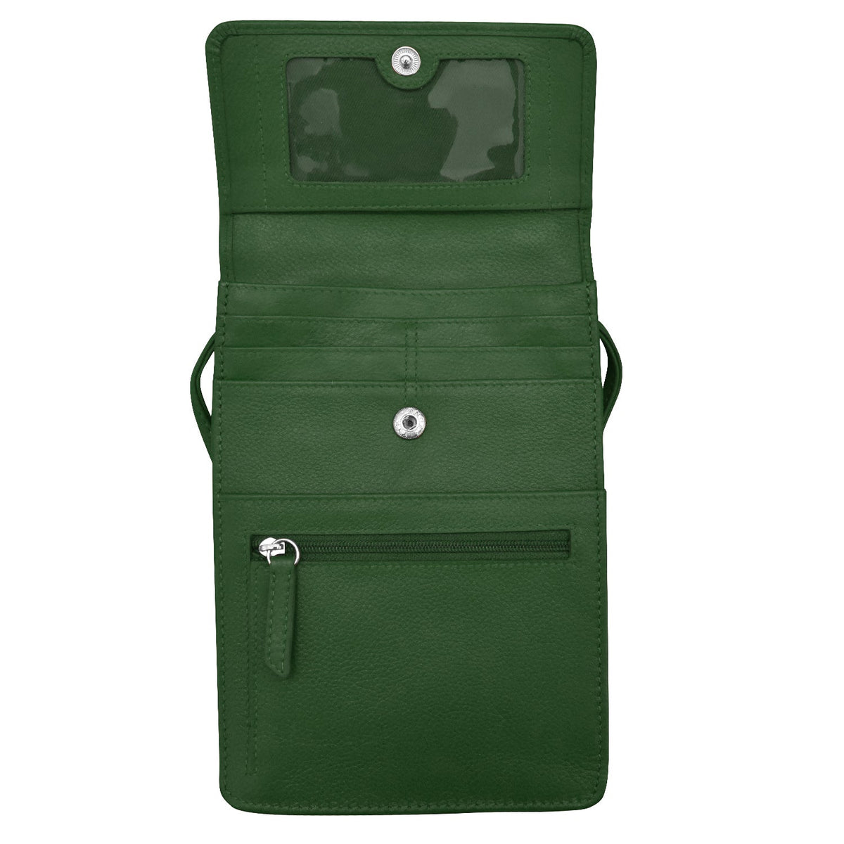 Green wallet with multiple compartments and zippers on a white background