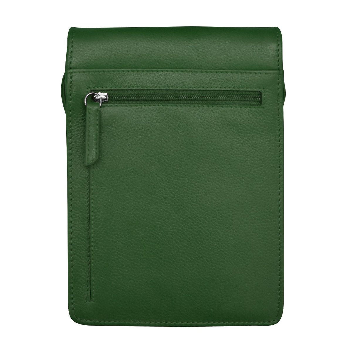 Green leather pouch with a zipper on a white background