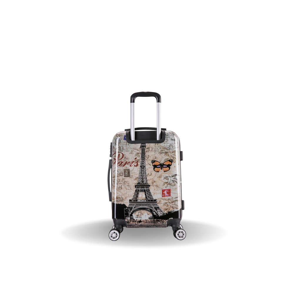 Luggage with Eiffel Tower design on a white background