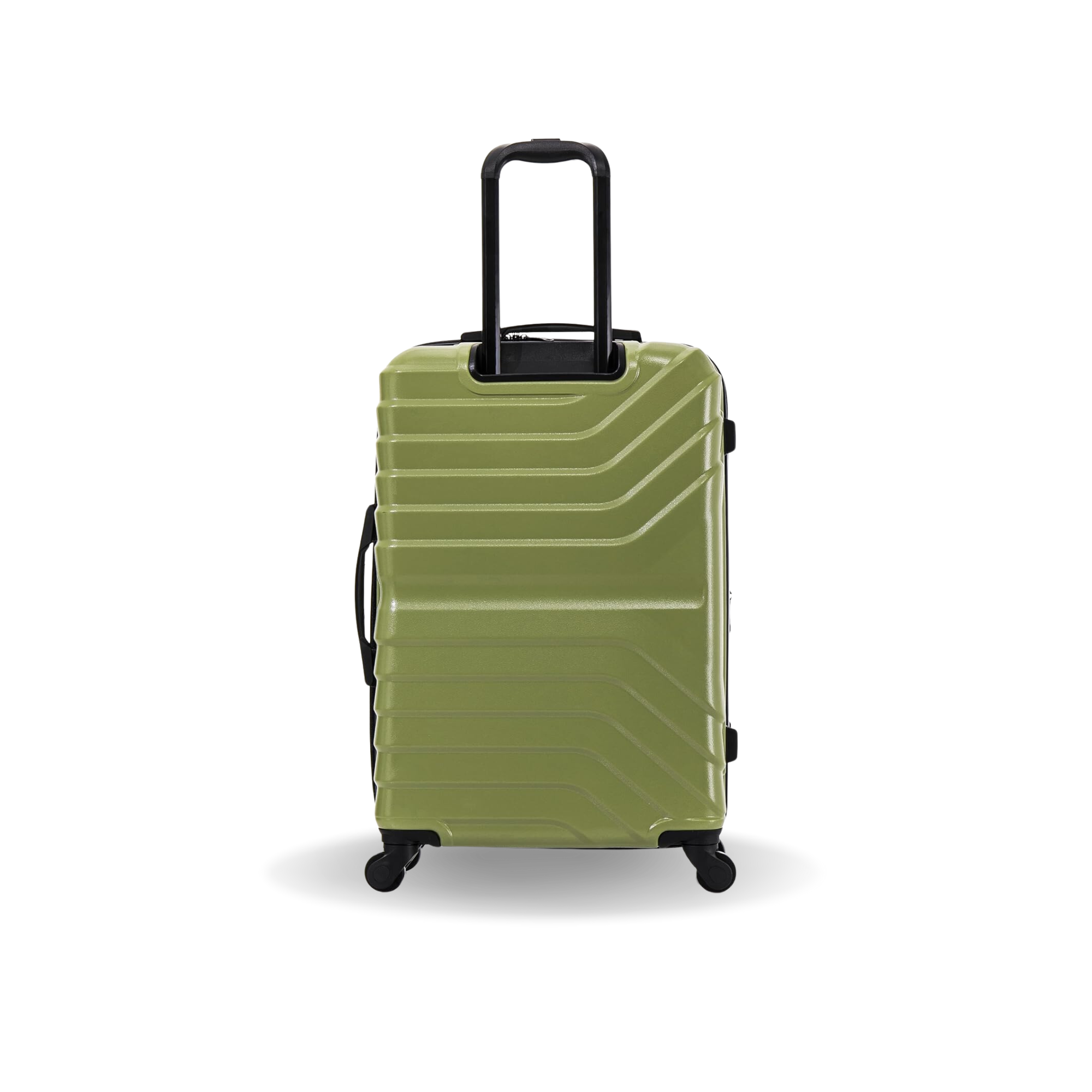 Green suitcase with a black handle on a white background