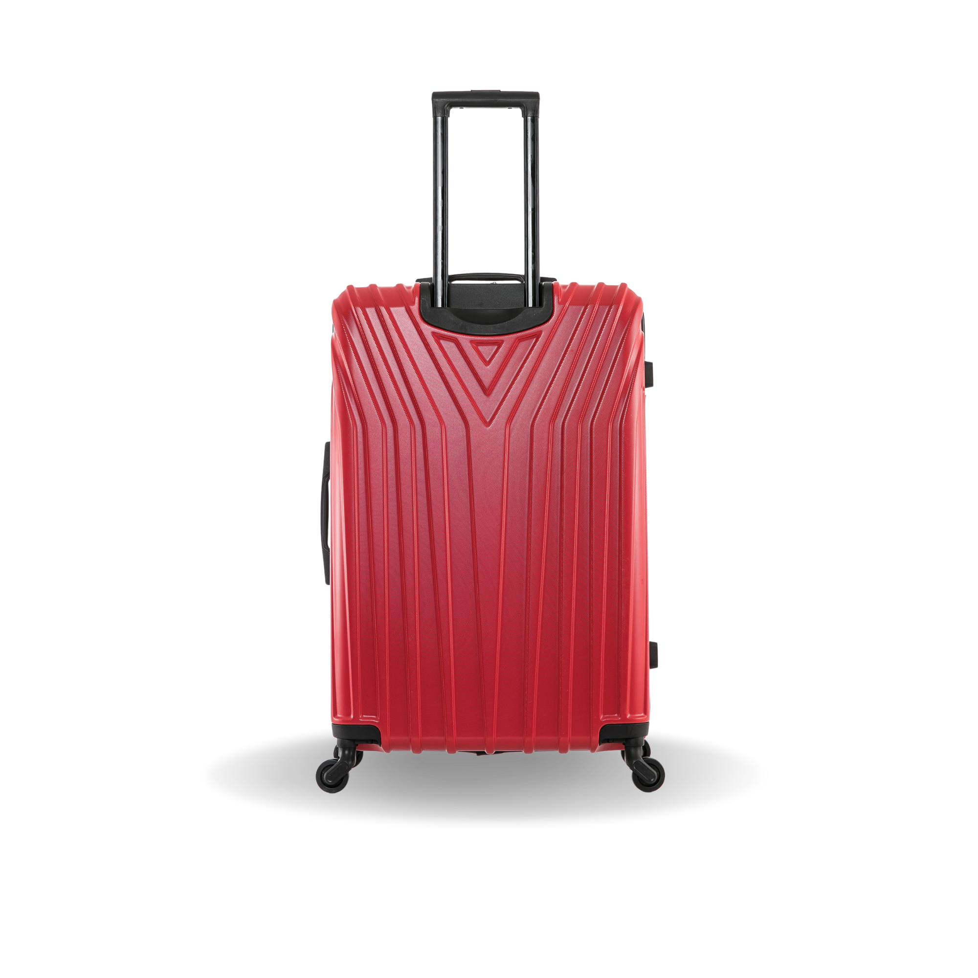 Red suitcase with a black handle on a white background